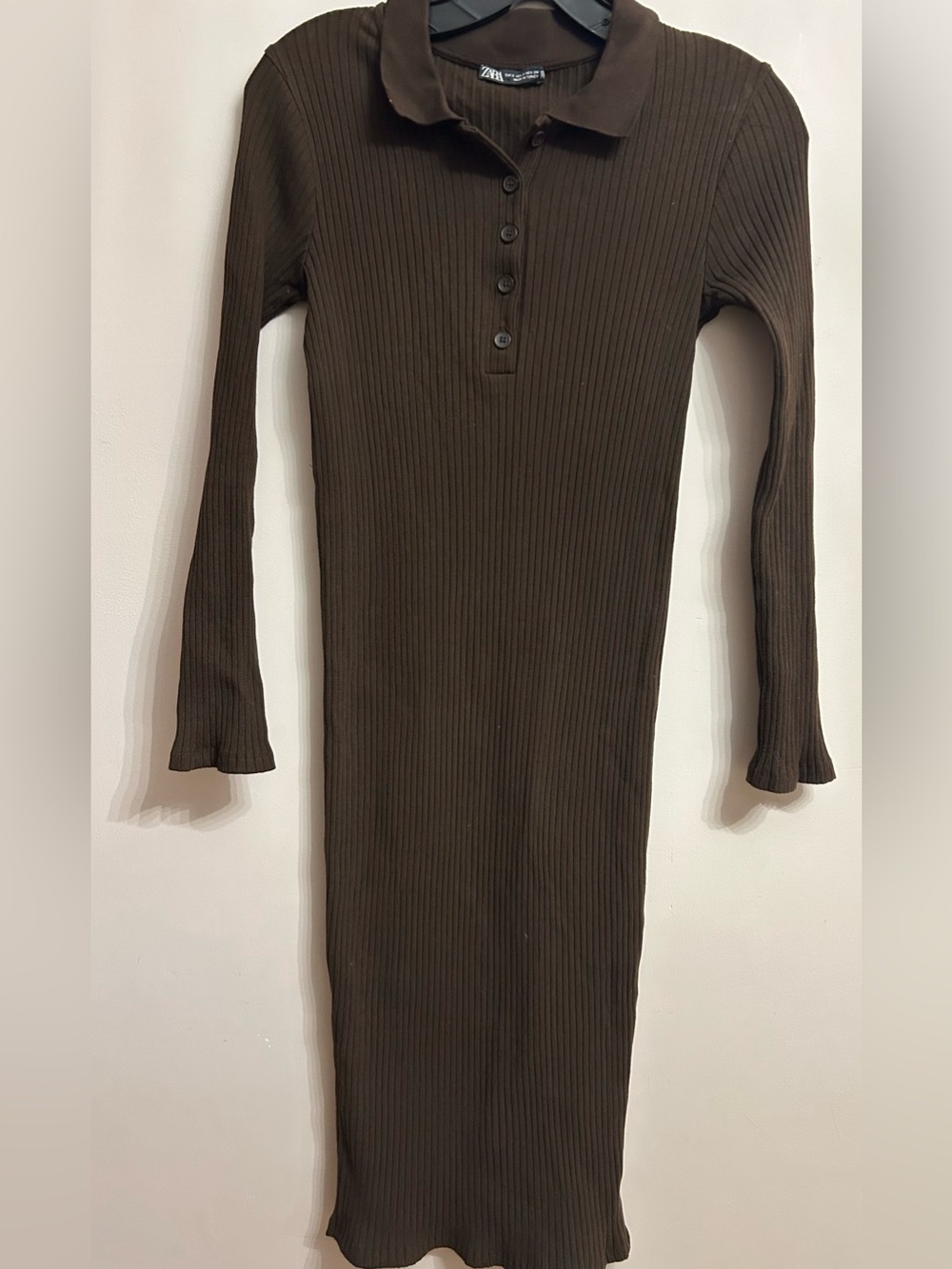 Zara Ribbed Long-Sleeve Polo Midi Dress - Dark Brown